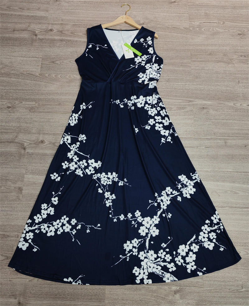 Edwina - Marinefarbenes ärmelloses Maxikleid mit Blumendruck
