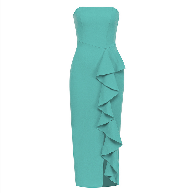 Trägerloses, asymmetrisches, figurbetontes Midikleid | Grün