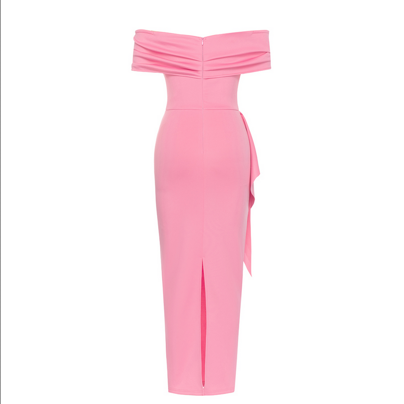 Schulterfreies Midikleid mit Rüschen | Rosa