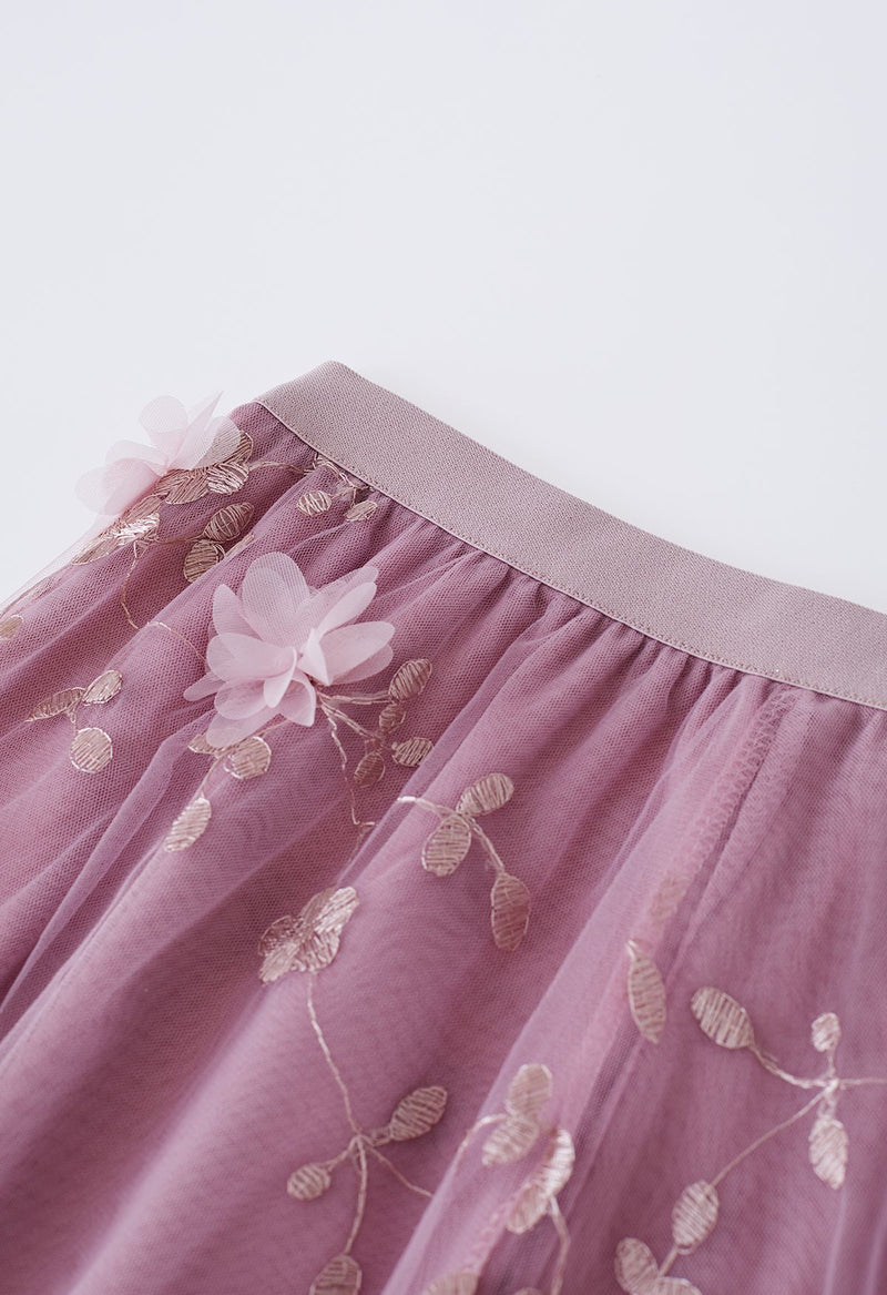 Karin - 3D-Netz-Midirock mit floraler Stickerei in Lila