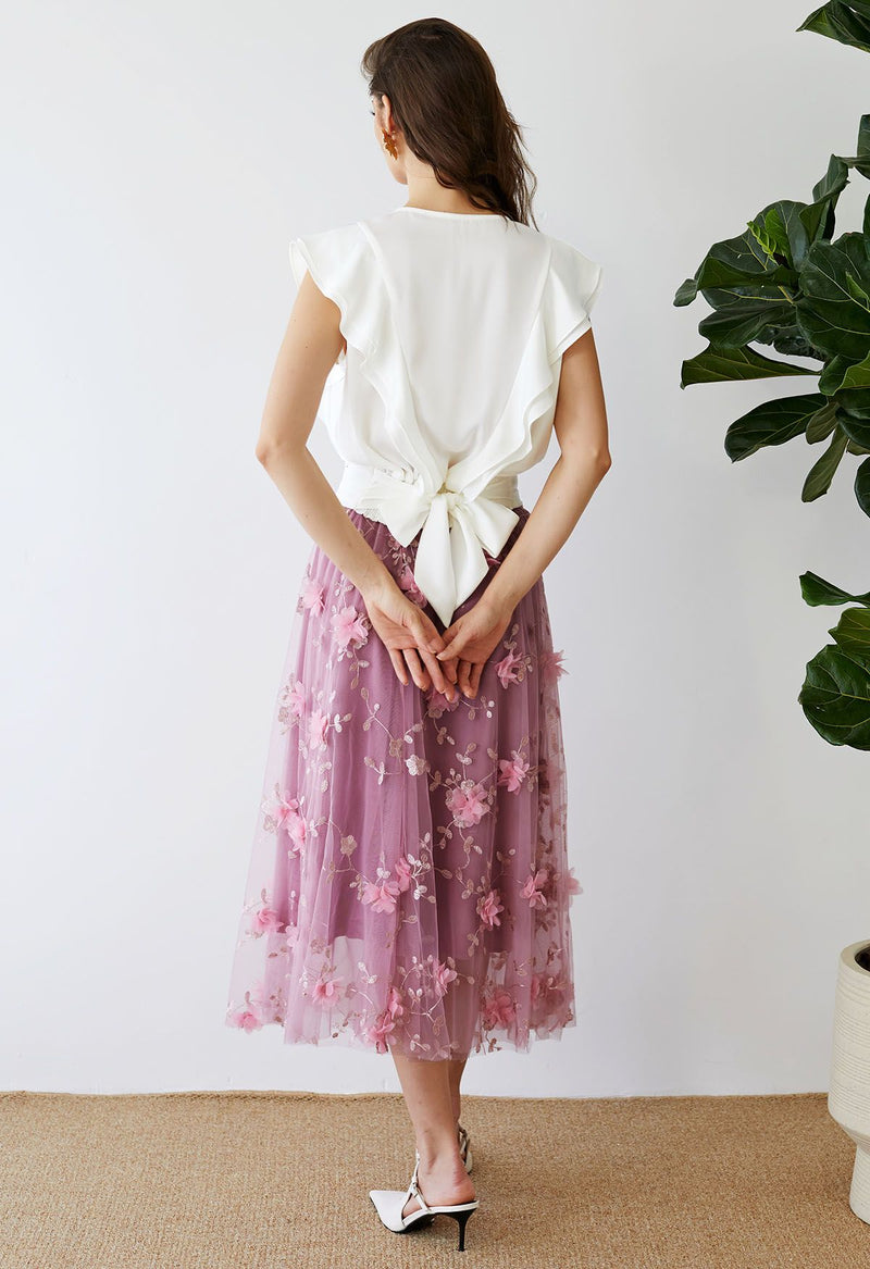 Karin - 3D-Netz-Midirock mit floraler Stickerei in Lila