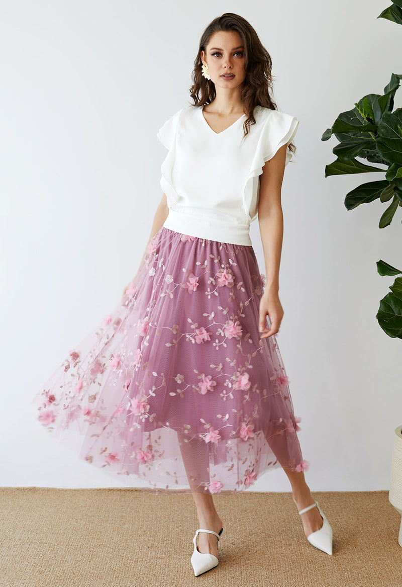 Karin - 3D-Netz-Midirock mit floraler Stickerei in Lila