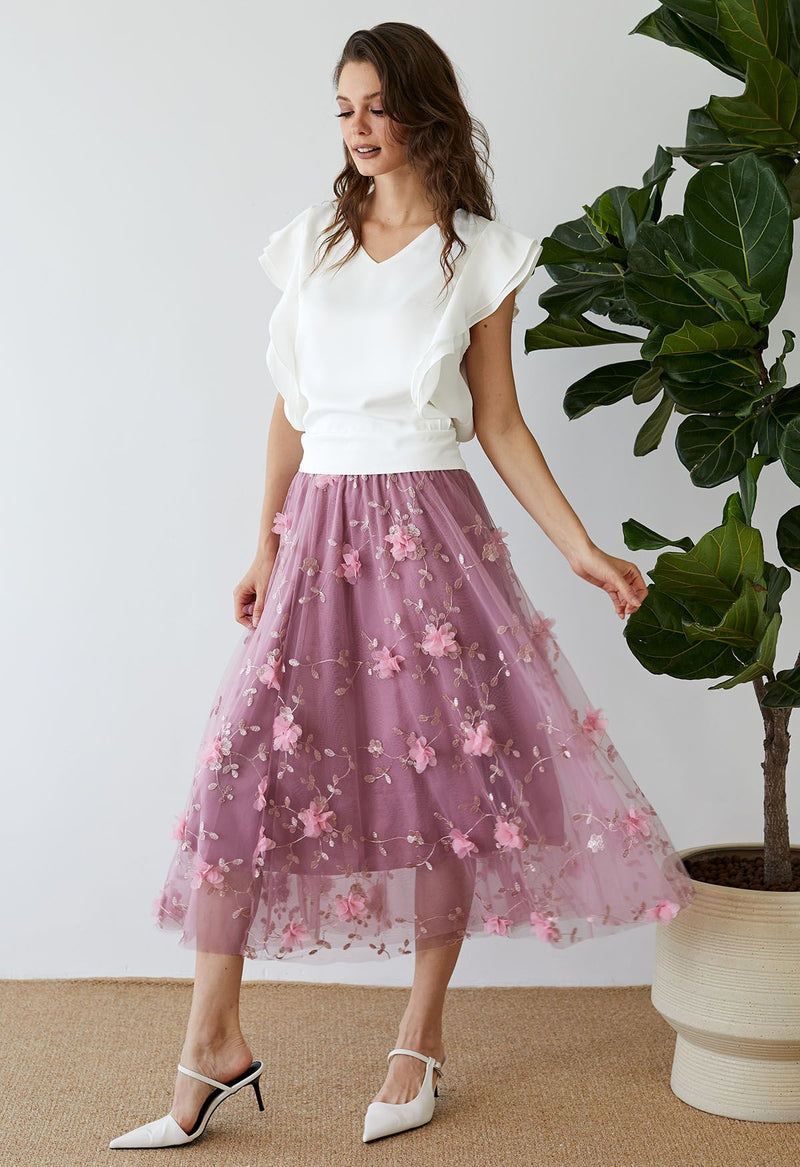Karin - 3D-Netz-Midirock mit floraler Stickerei in Lila