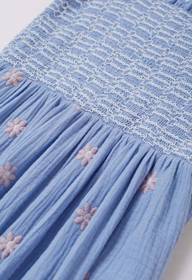 Susanna - Blaues Blümchen-Midikleid mit Stickerei und quadratischem Ausschnitt