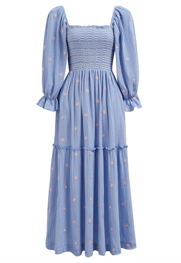 Susanna - Blaues Blümchen-Midikleid mit Stickerei und quadratischem Ausschnitt