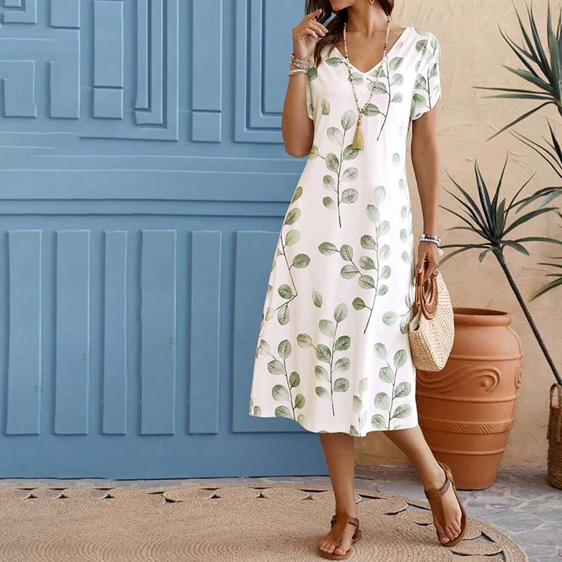 Leichtes Kleid | Hübsches Kleid mit V-Ausschnitt und Blattmuster für dich