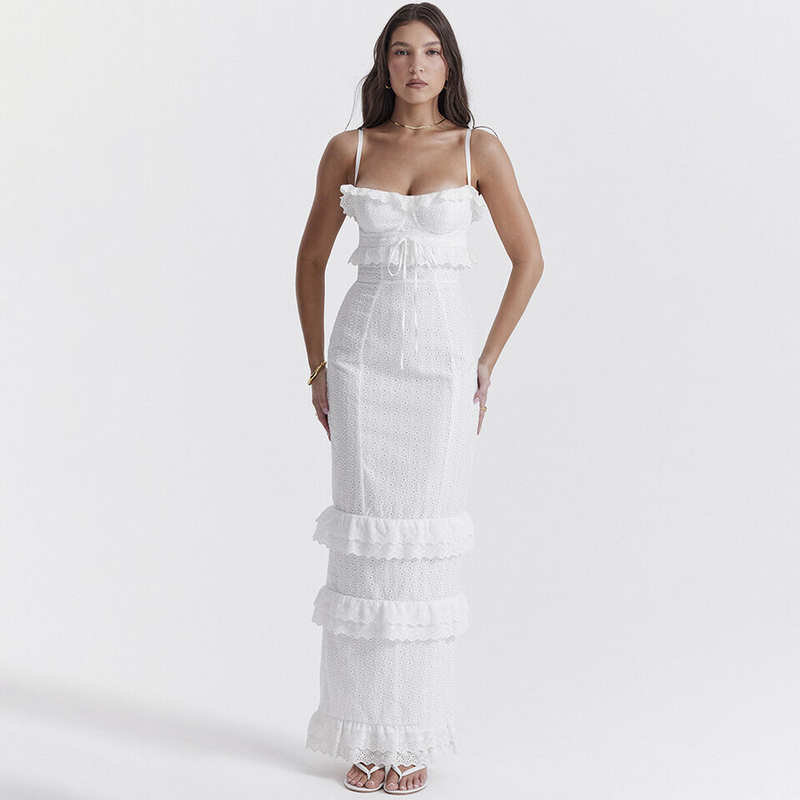 Elegantes Broderie-Spitzen-Maxikleid mit Rüschen