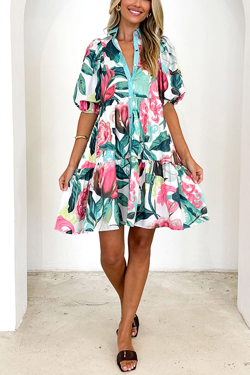 Schönes Heidi -Kurzarm Blumenmuster Mini Hemdkleid