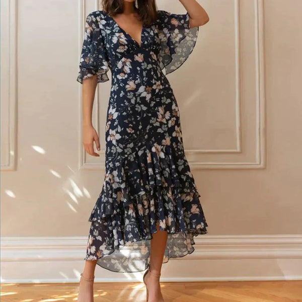 Leichtes - Blumenkleid mit V-Ausschnitt und Ärmeln für dich