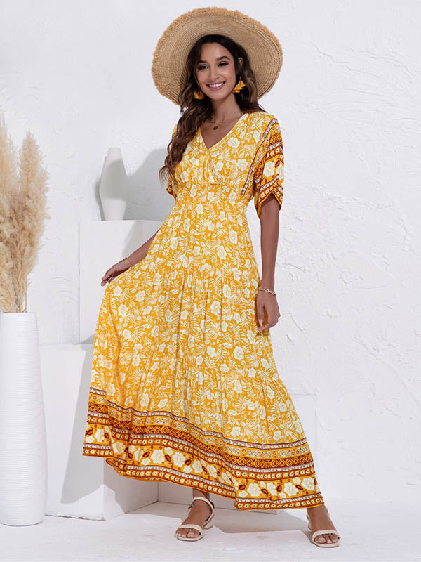Berta - Florales Swing-Kleid mit V-Ausschnitt und hoher Taille