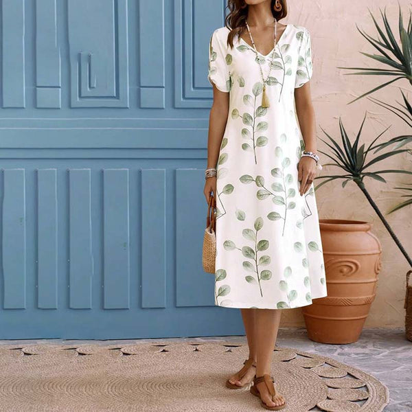 Leichtes Kleid | Hübsches Kleid mit V-Ausschnitt und Blattmuster für dich