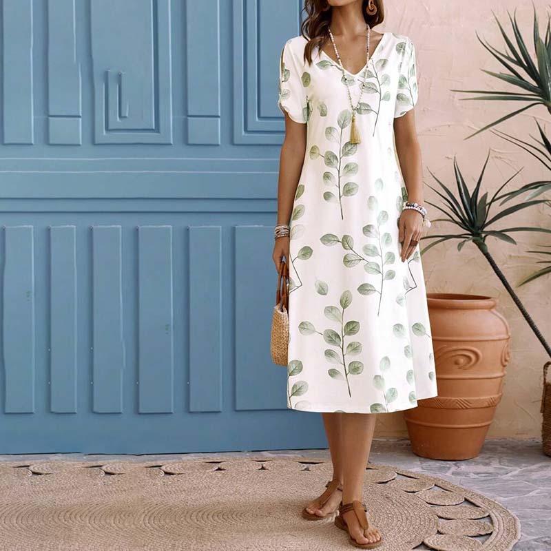 Leichtes Kleid | Hübsches Kleid mit V-Ausschnitt und Blattmuster für dich