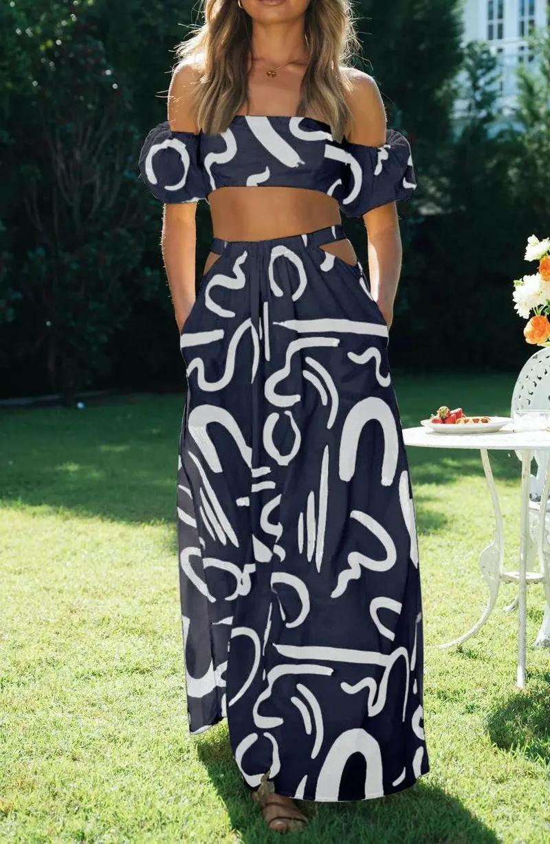 Elegantes Schulterfreies Crop-Top und Maxirock Set
