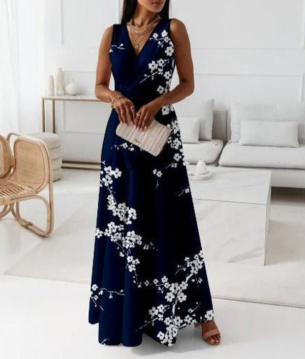 Edwina - Marinefarbenes ärmelloses Maxikleid mit Blumendruck