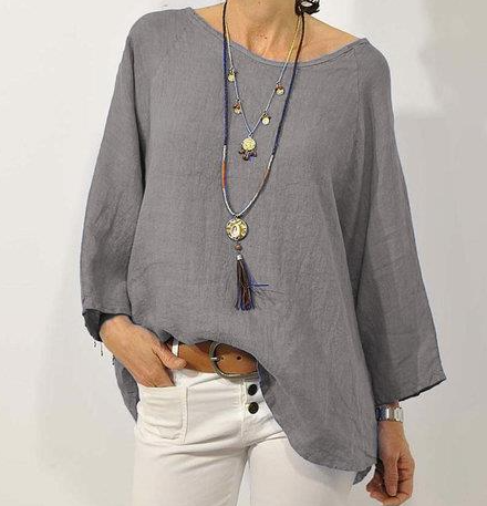 Eila Damen-Bluse Mit Rundhalsausschnitt Und Neunten Ärmeln, Einfarbig, Aus Baumwollleinen