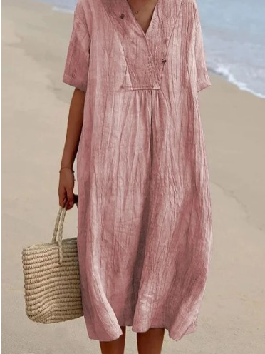 Perla - Kurzärmeliges Damenkleid aus Baumwolle und Leinen, einfarbig