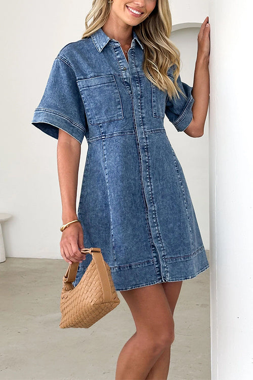 Elegantes Heidi -Kurzarm-Kragen Denim Mini Kleid