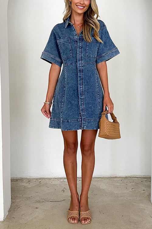 Elegantes Heidi -Kurzarm-Kragen Denim Mini Kleid