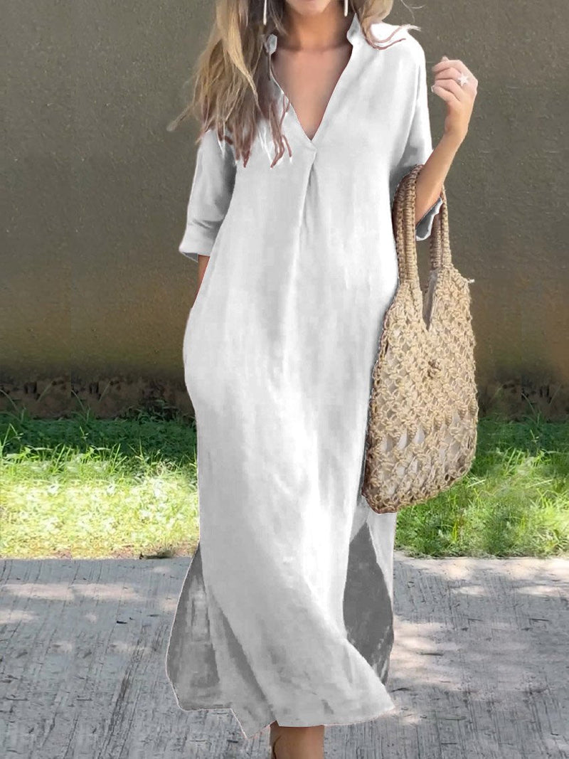 Leinenkleid mit V-Ausschnitt und Taschen – Atmungsaktiv und komfortabel