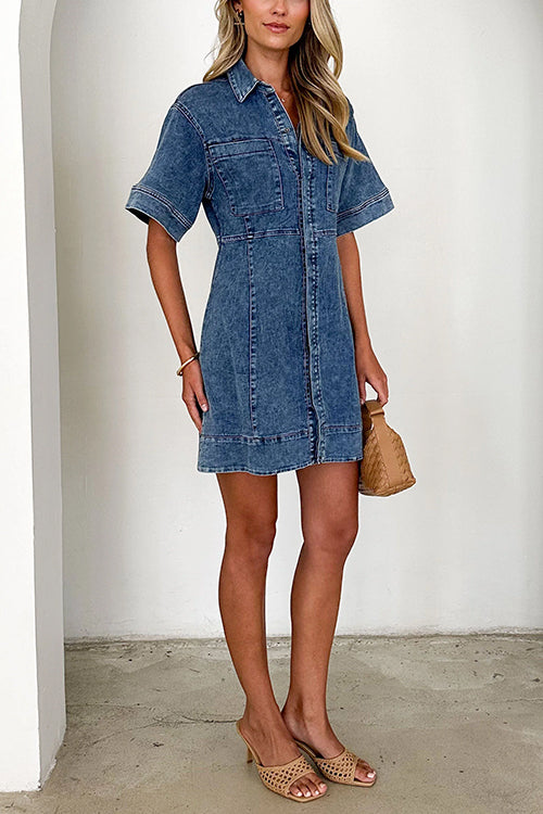 Elegantes Heidi -Kurzarm-Kragen Denim Mini Kleid