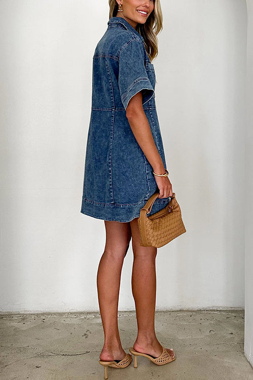 Elegantes Heidi -Kurzarm-Kragen Denim Mini Kleid