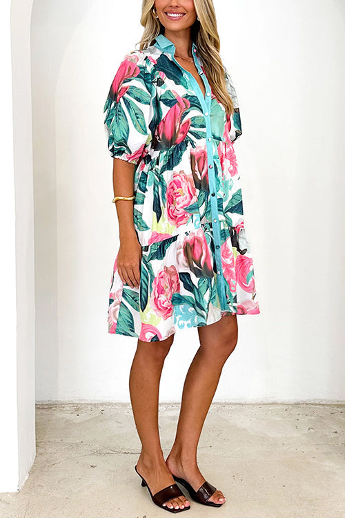 Schönes Heidi -Kurzarm Blumenmuster Mini Hemdkleid