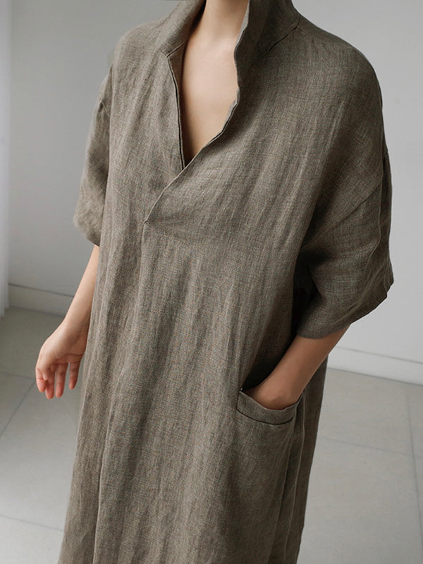 Elfriede - Hemdkleid mit V-Ausschnitt aus Baumwolle und Leinen