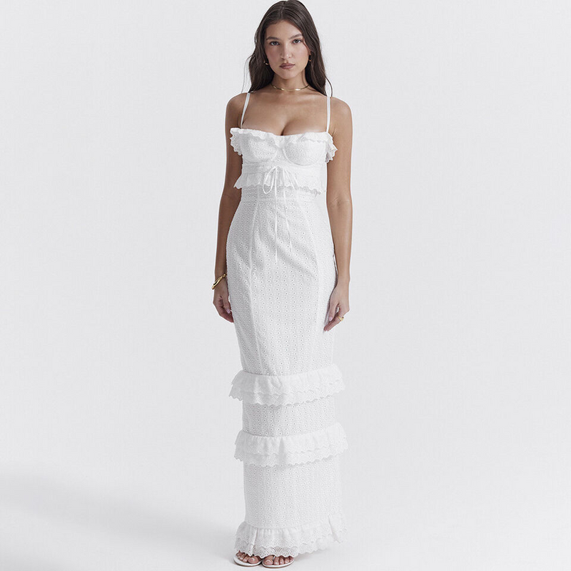 Elegantes Broderie-Spitzen-Maxikleid mit Rüschen