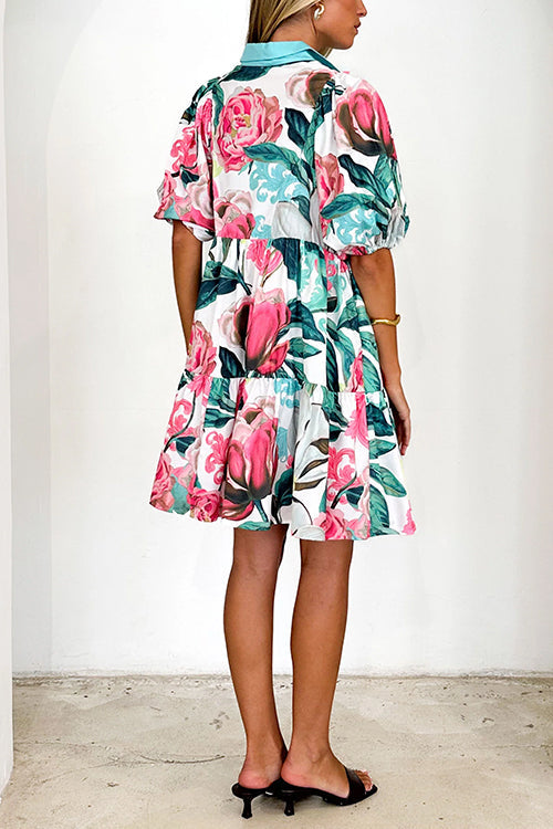 Schönes Heidi -Kurzarm Blumenmuster Mini Hemdkleid