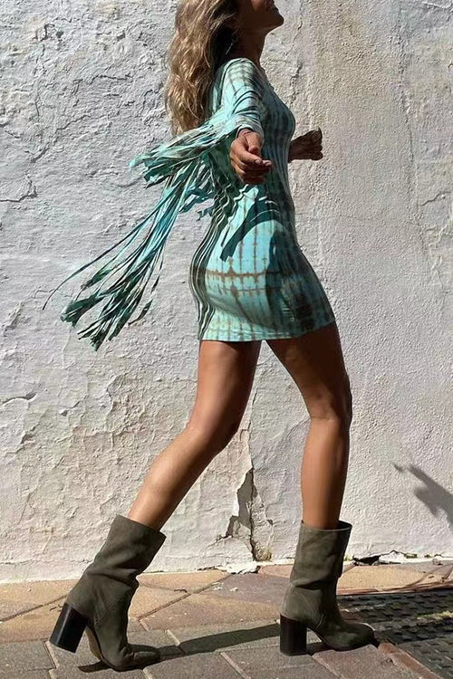 Elegantes Heidi -Rosiedress Tie Dye Fransen Kleid