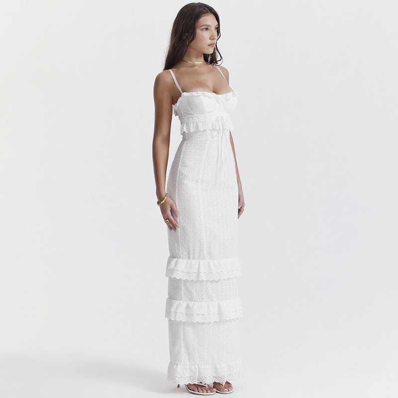 Elegantes Broderie-Spitzen-Maxikleid mit Rüschen