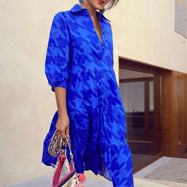 Stefanie - Blau bedrucktes Midikleid mit Kragen