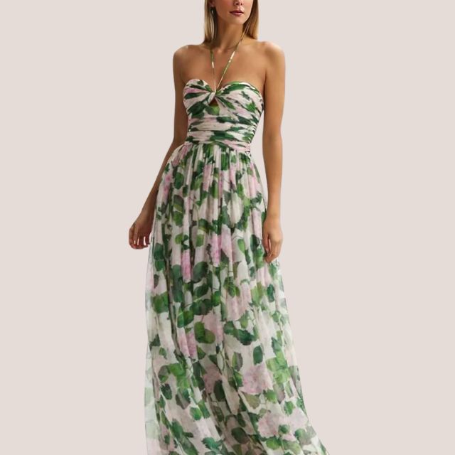 Elegantes Maxikleid mit Blumenmuster und gerafftem Oberteil