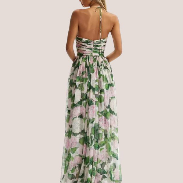 Elegantes Maxikleid mit Blumenmuster und gerafftem Oberteil
