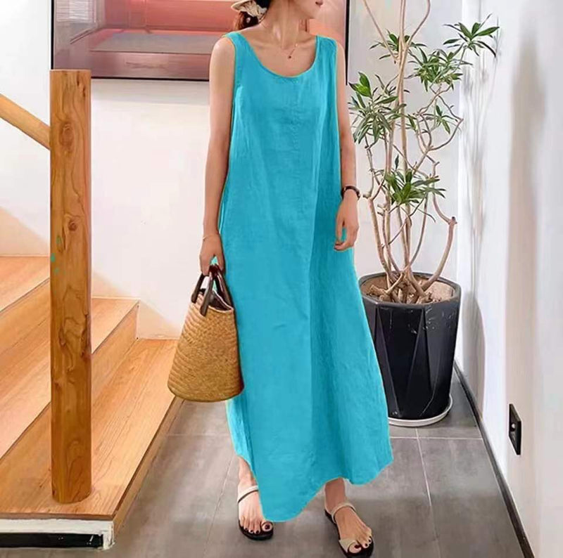 Cordula - Leinen Rundhalsausschnitt Ärmelloses Maxikleid