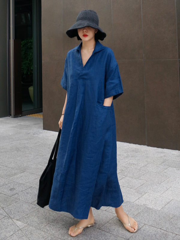Elfriede - Hemdkleid mit V-Ausschnitt aus Baumwolle und Leinen