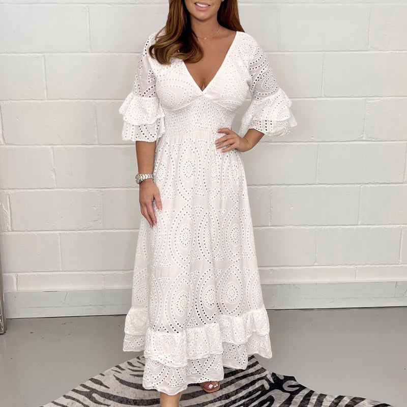 Angela - Midikleid mit bestickten Anglaise-Rüschen an den Ärmeln