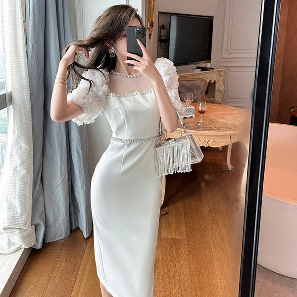 Elegantes Weißes Slim Fit Maxikleid mit Rundhalsausschnitt