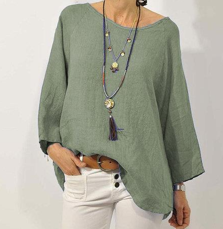 Eila Damen-Bluse Mit Rundhalsausschnitt Und Neunten Ärmeln, Einfarbig, Aus Baumwollleinen