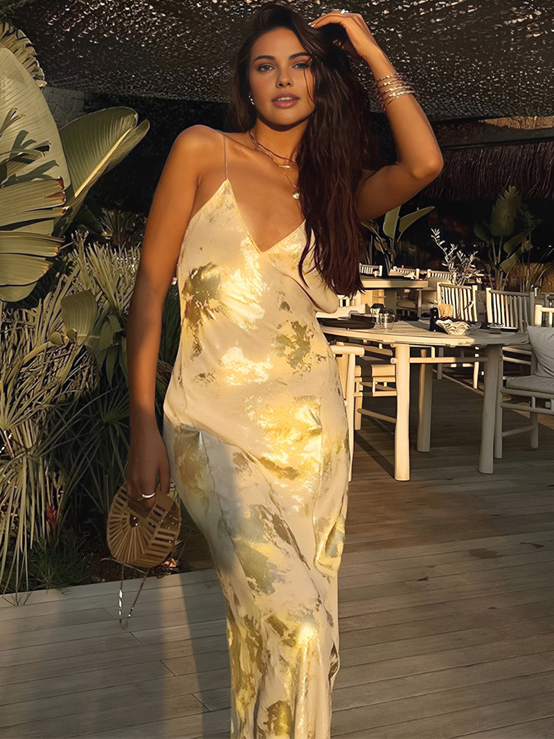Elegantes Maxikleid mit V-Ausschnitt und metallic Druck