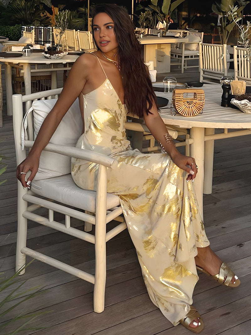 Elegantes Maxikleid mit V-Ausschnitt und metallic Druck