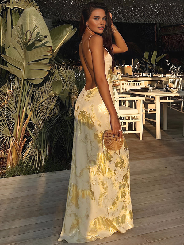Elegantes Maxikleid mit V-Ausschnitt und metallic Druck