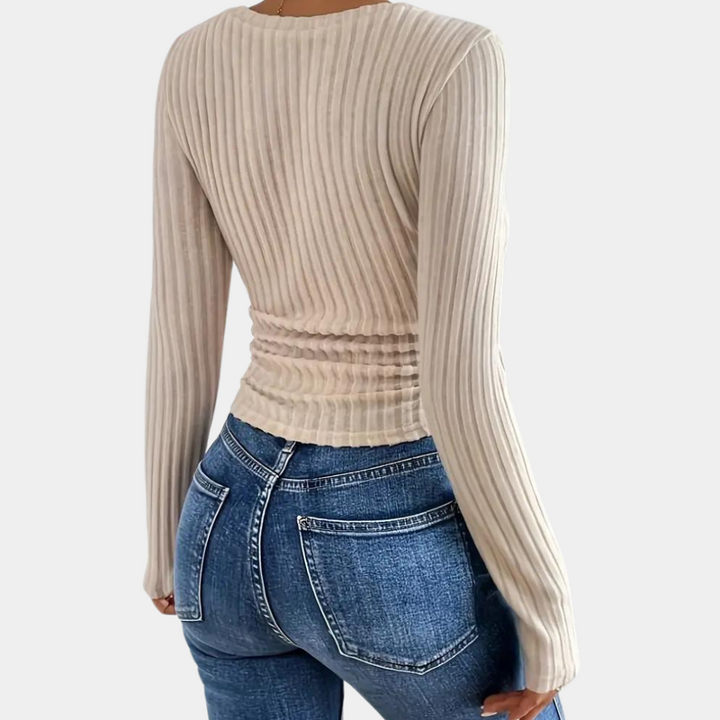 Tasenka - Damen-T-Shirt mit geripptem V-Ausschnitt