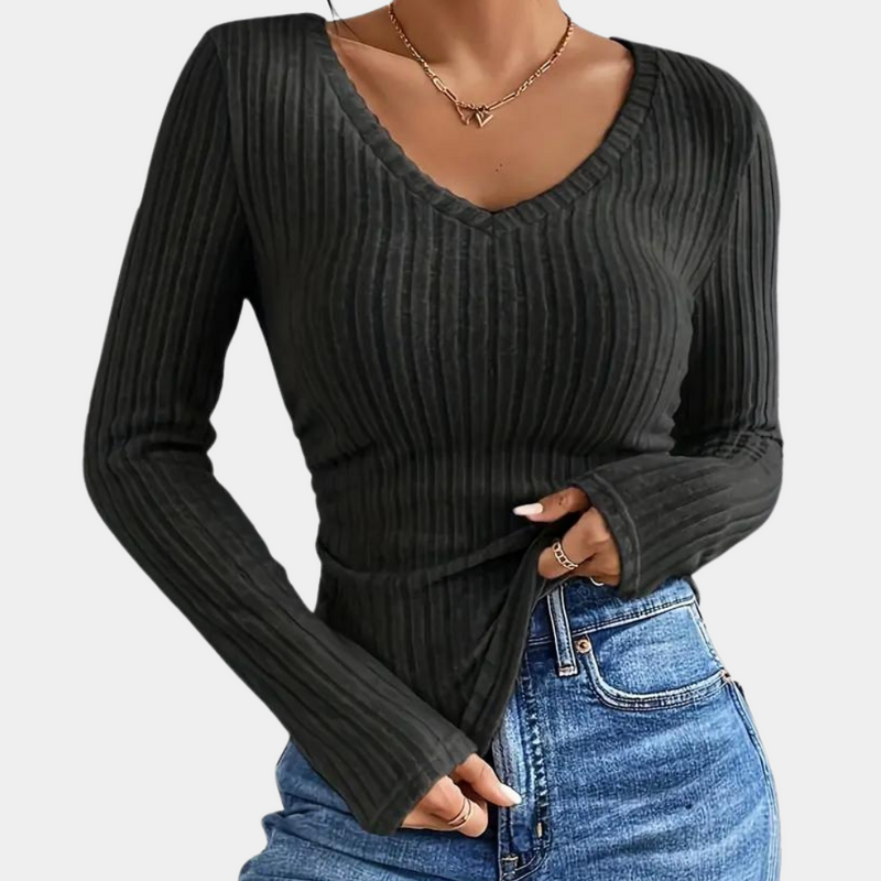 Tasenka - Damen-T-Shirt mit geripptem V-Ausschnitt
