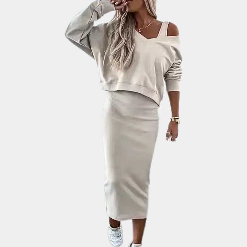 Elegante und bequeme Damenkleid-Pullover-Kombination