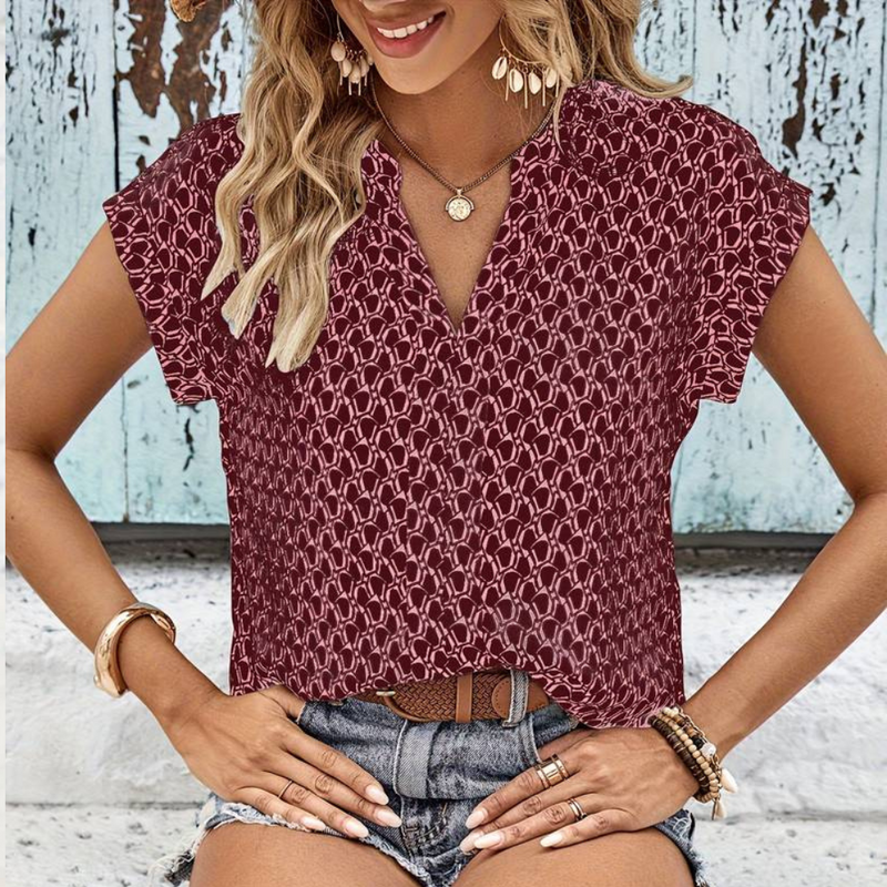 Bernice - T-Shirt mit V-Ausschnitt, geometrischem Muster und kurzen Ärmeln