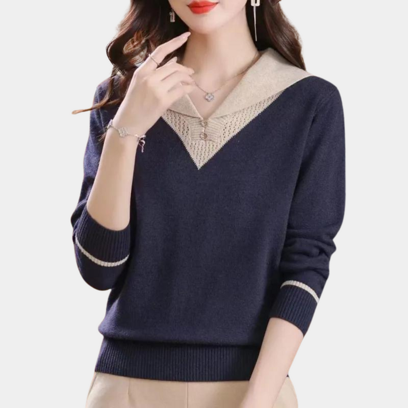 Ciri - Trendiger Damenpullover mit V-Ausschnitt und Patchwork-Details