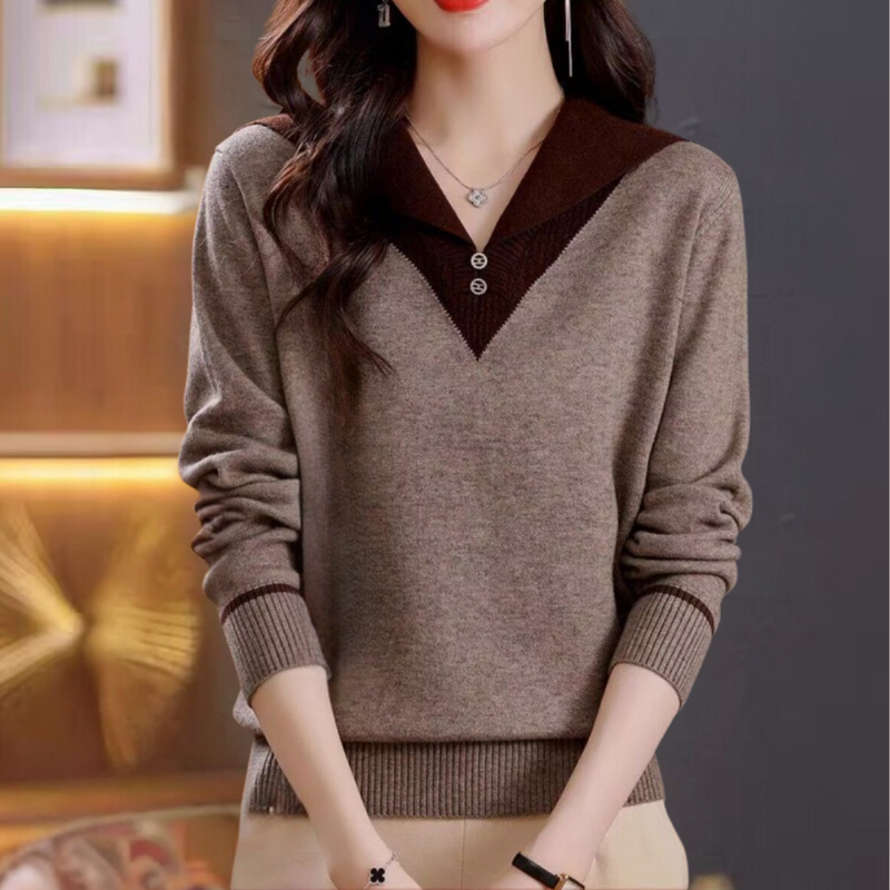 Ciri - Trendiger Damenpullover mit V-Ausschnitt und Patchwork-Details