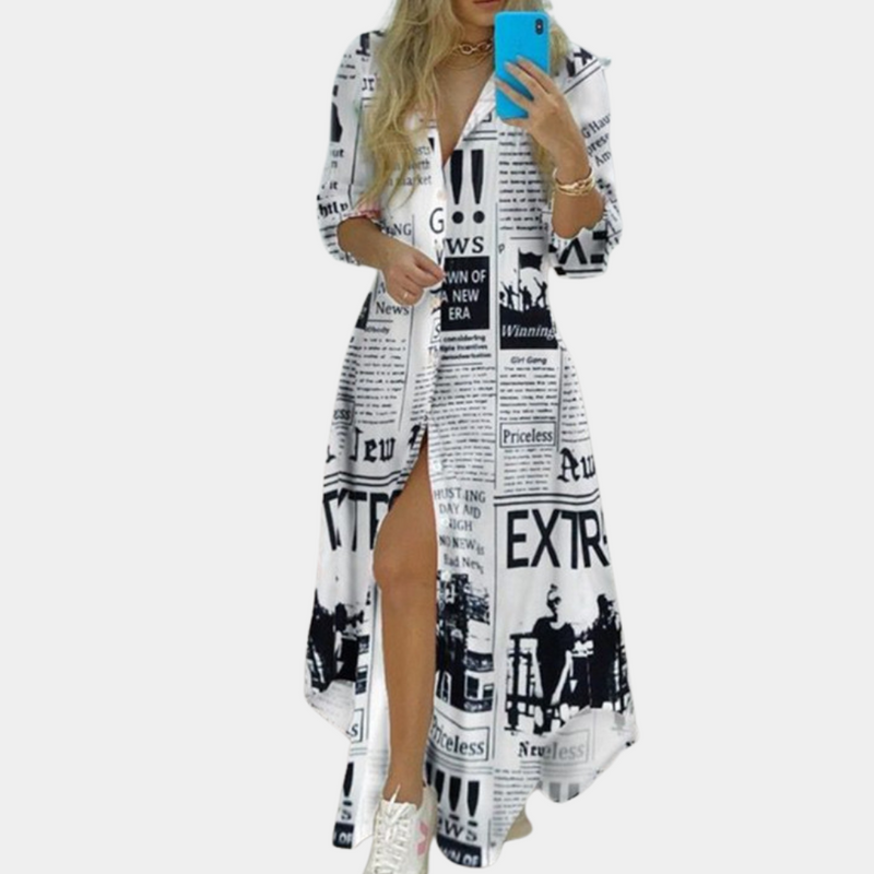 Elegante Kleid mit Künstlerischer Zeitungsdruck-Optik