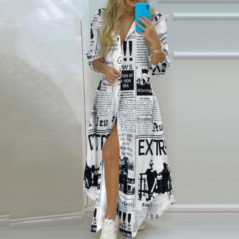 Elegante Kleid mit Künstlerischer Zeitungsdruck-Optik